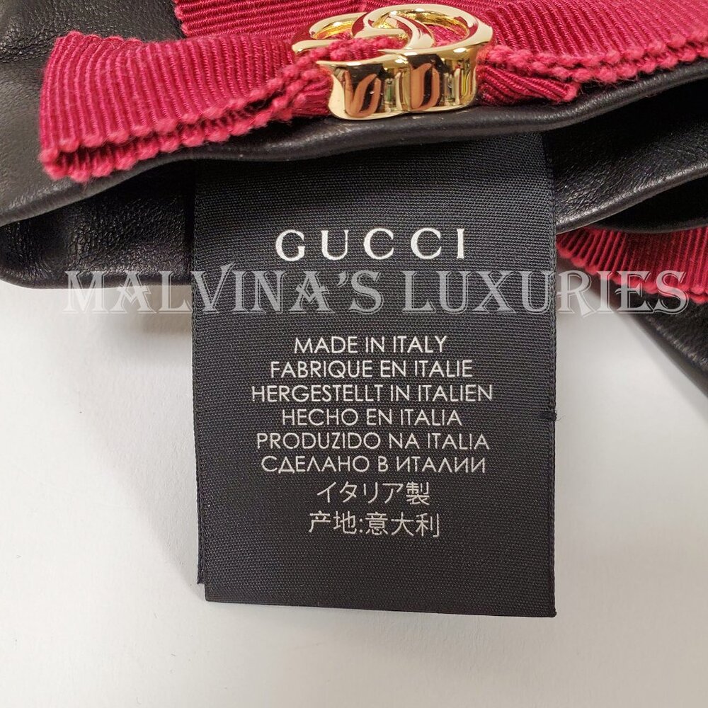 GUCCI GLOVES 434223 BLACK LEATHER GROSGRAIN BOW G LOGO sz S / 7 - Picture 11 of 16
